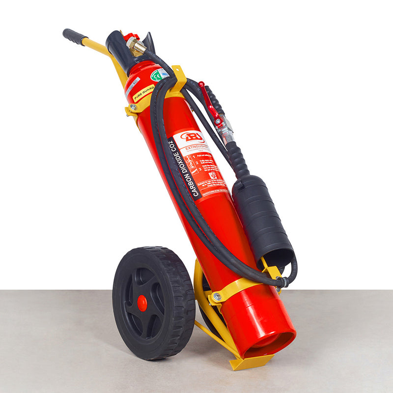 A red 10kg ABS CO2 wheeled fire extinguisher with a black hose, and rubber tires - fire guard