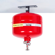 A red cylindrical automatic fire extinguisher mounted on a ceiling bracket, with a bulb temperature trigger and discharge valve visible - fire guard