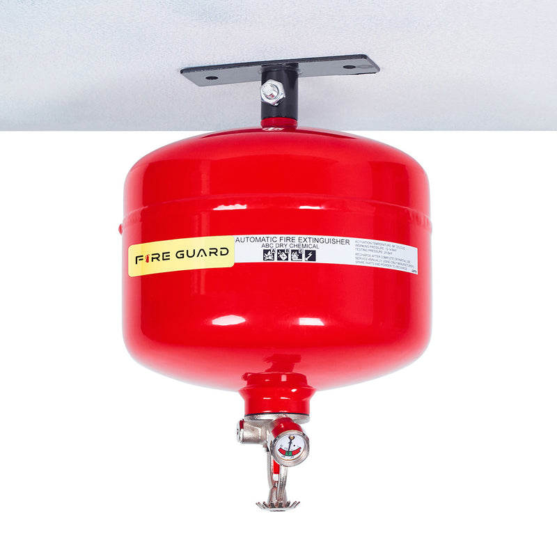 A red cylindrical automatic fire extinguisher mounted on a ceiling bracket, with a bulb temperature trigger and discharge valve visible - fire guard