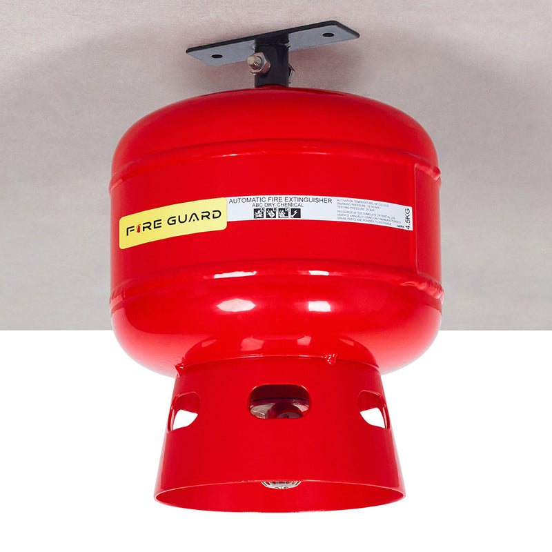 Red automatic fire extinguisher with a white label on the top that says 'FIRE GUARD' and includes a ceiling mount - fire guard