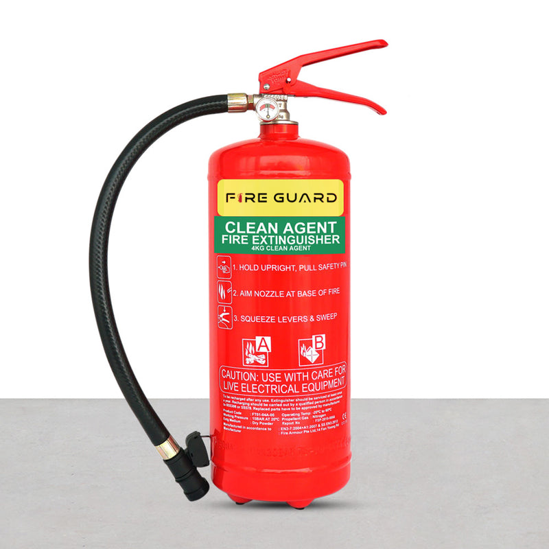 A red 4KG Clean Agent Fire Extinguisher with a black hose and a label displaying details about the product - Fire Guard