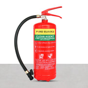 A red 4KG Clean Agent Fire Extinguisher with a black hose and a label displaying details about the product - Fire Guard