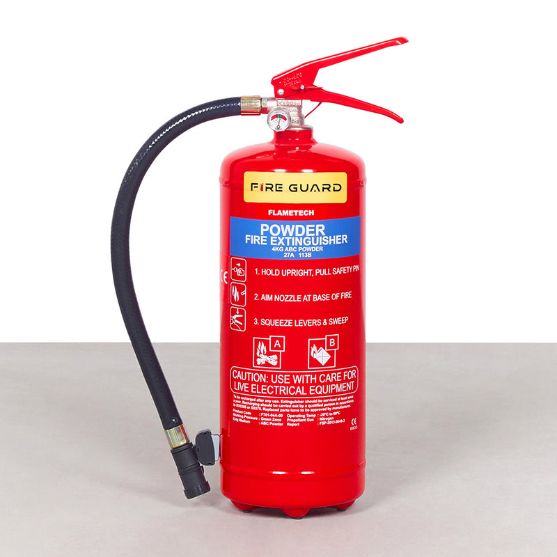 4KG marine red dry powder fire extinguisher with a black hose and a label that reads 'FIRE GUARD'