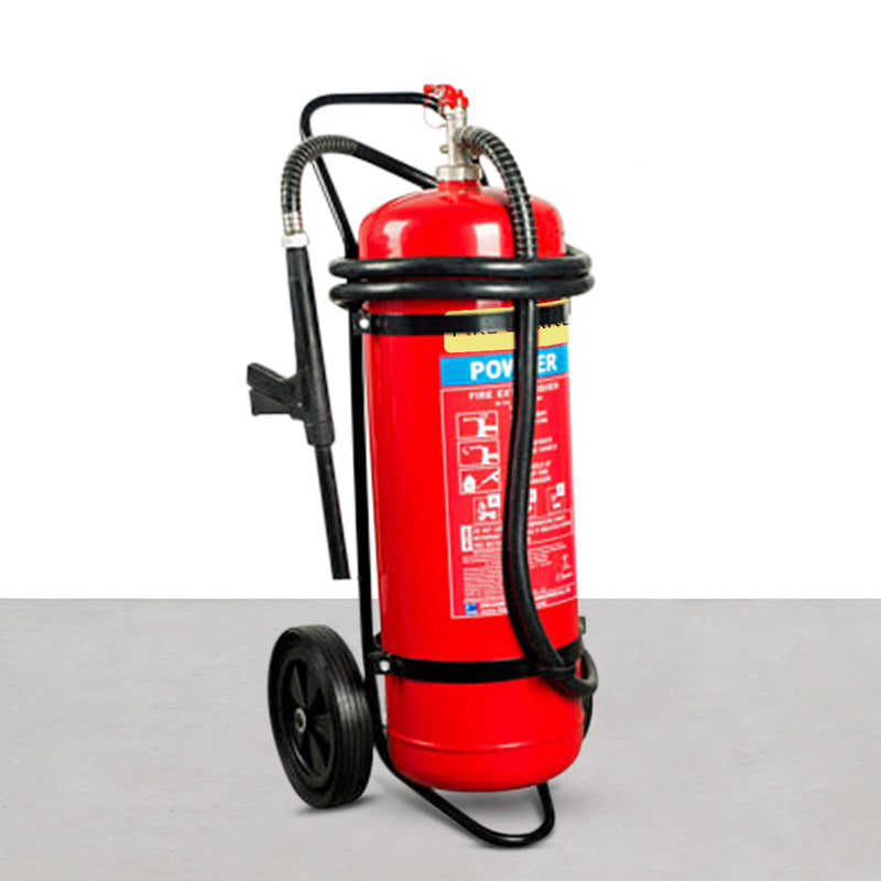 Red stored pressure 50kg trolley fire extinguisher with a 5M hose and nozzle, mounted on a black frame with wheels - fire guard