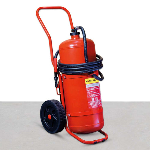 A 50L foam red fire extinguisher on a wheeled cart with a black hose coiled around the side