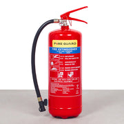A red 6KG dry powder fire extinguisher with a wall bracket and a black hose - fire guard
