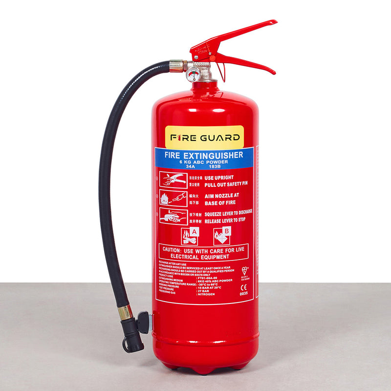 A red 6KG dry powder fire extinguisher with a wall bracket and a black hose - fire guard