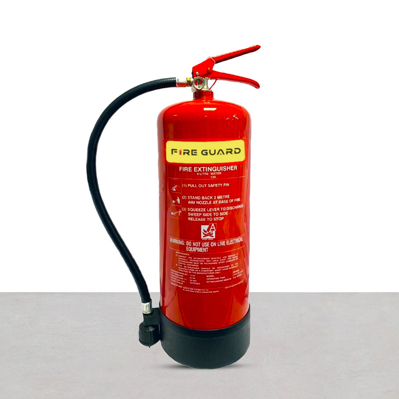 Red 9l water fire extinguisher with 'Fire Guard' branding on a white background