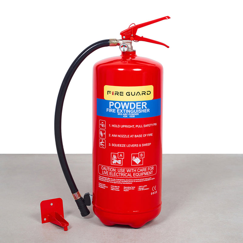 A 9KG red fire extinguisher labeled 'FIRE GUARD' with a powder label, including a hose and a lever - fire guard