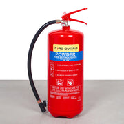 A red 9KG dry powder fire extinguisher with a wall bracket and a hose attached to it - fire guard