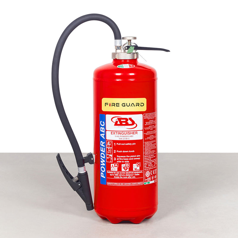 A red fire guard fire extinguisher with a label that indicates it is a 9KG extinguisher, with a hose and a discharge pistol - fire guard