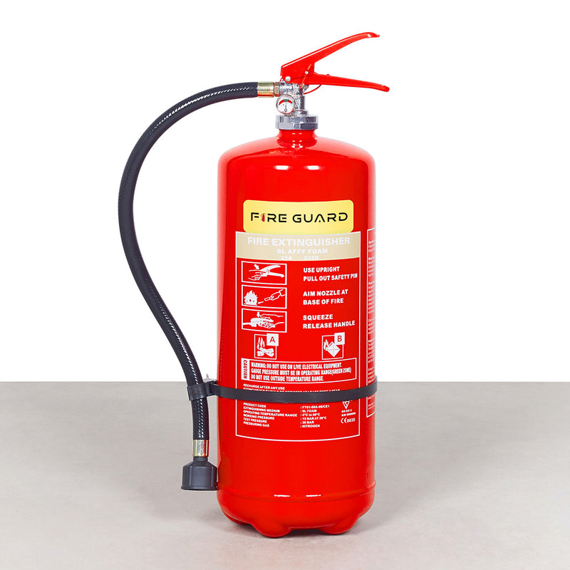 A red 9L AFFF foam fire extinguisher with a black hose - fire guard