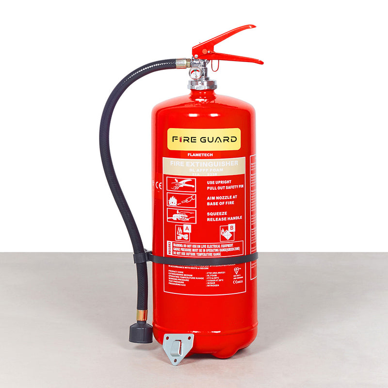 A red 9L Foam Marine Cartridge Fire Extinguisher with a black discharge hose and nozzle - fire guard