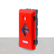 A red fire extinguisher cabinet with a black base, featuring a label and an inspection window - Fire Guard