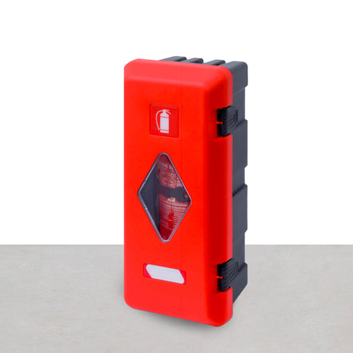 A red fire extinguisher cabinet with a black base, featuring a label and an inspection window - Fire Guard