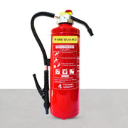 A Red Dry Powder Marine Portable Fire Extinguisher with a black hose and a label with product specifications
