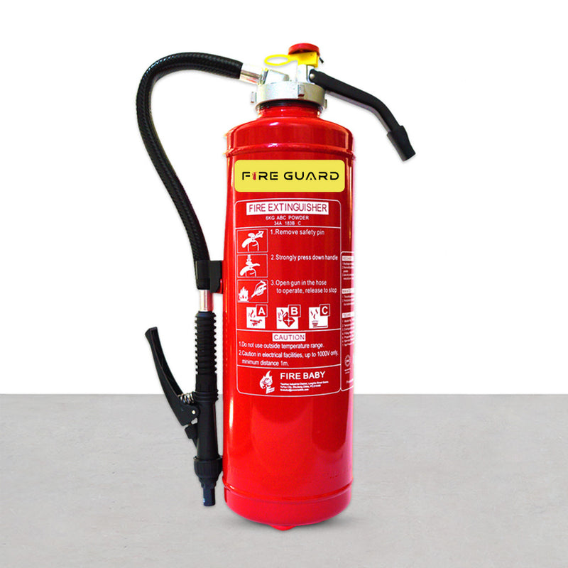 A Red Dry Powder Marine Portable Fire Extinguisher with a black hose and a label with product specifications