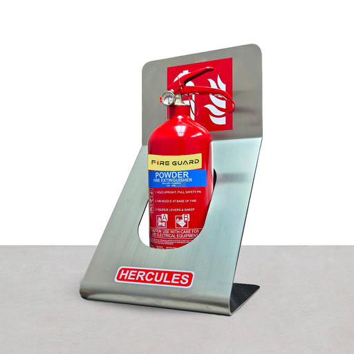 Red fire extinguisher on a Hercules stand against a white background