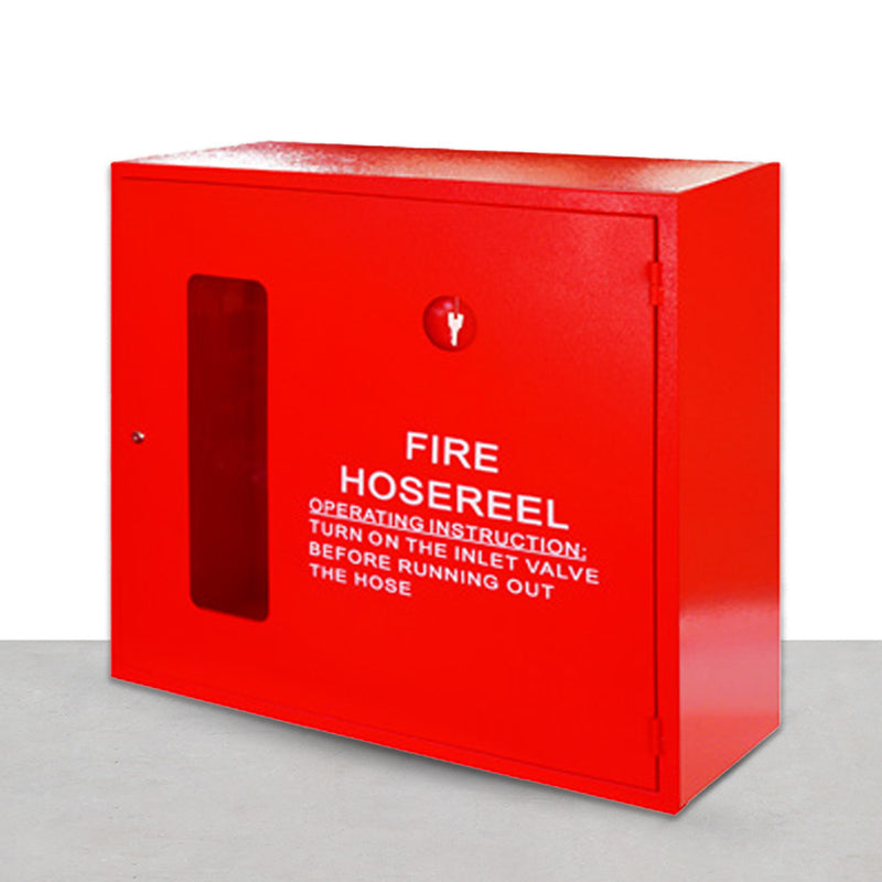 Red fire hose reel cabinet with white text