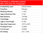 Technical specifications of a 3KG AB Powder Fire Extinguisher