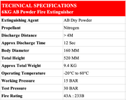 Technical specifications of a 6KG AB Powder Fire Extinguisher on a white background with red header.