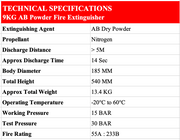 Technical specifications of a 9KG AB Powder Fire Extinguisher on a white background.