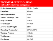 Technical specifications of a 1KG AB Powder Fire Extinguisher on a white background with a red header.
