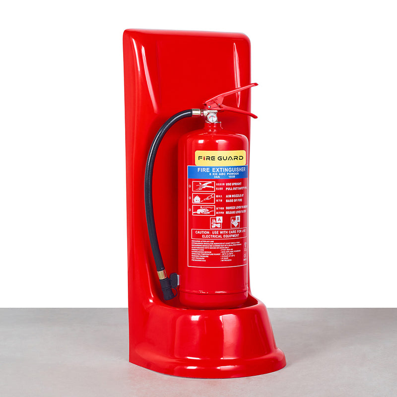 A red fibreglass fire extinguisher stand with a fire extinguisher - fire guard