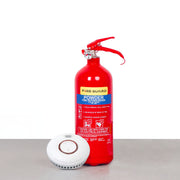 A red fire extinguisher labeled 'Fire Guard Powder' and a white smoke detector device next to it, placed on a grey surface.