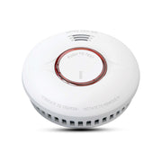 A white, ceiling-mounted smoke detector with a red test button, LED indicator, and mounting screws.