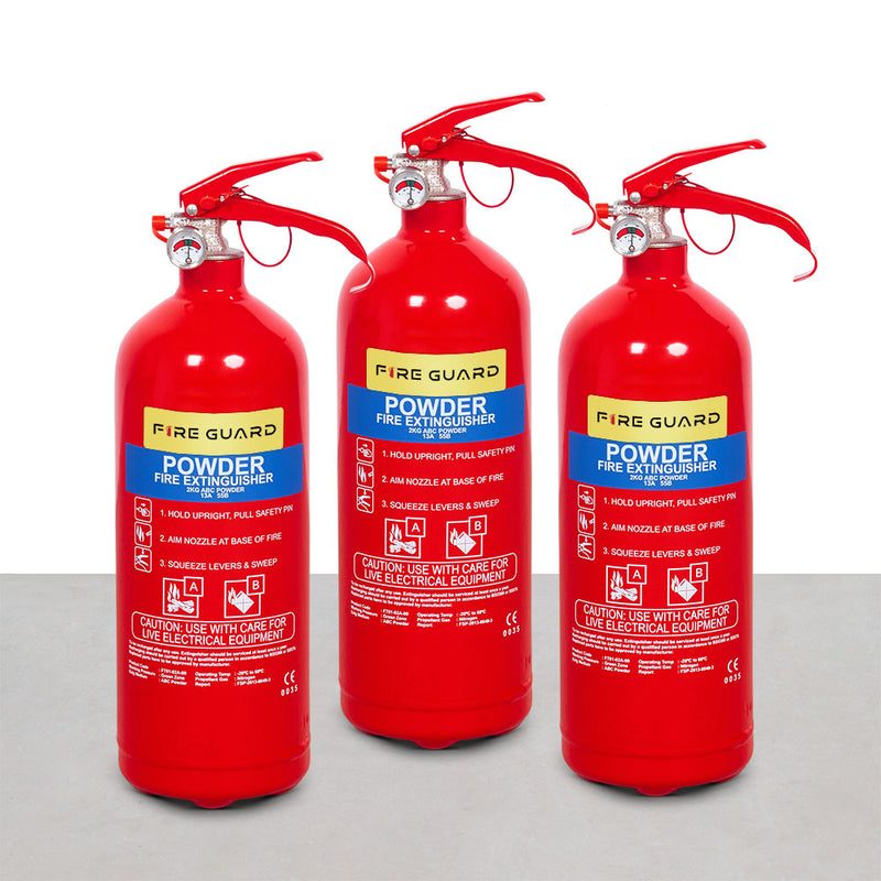 A set of three red fire extinguishers with a 2kg AB Dry Power label and wall bracket, branded as FIRE GUARD.
