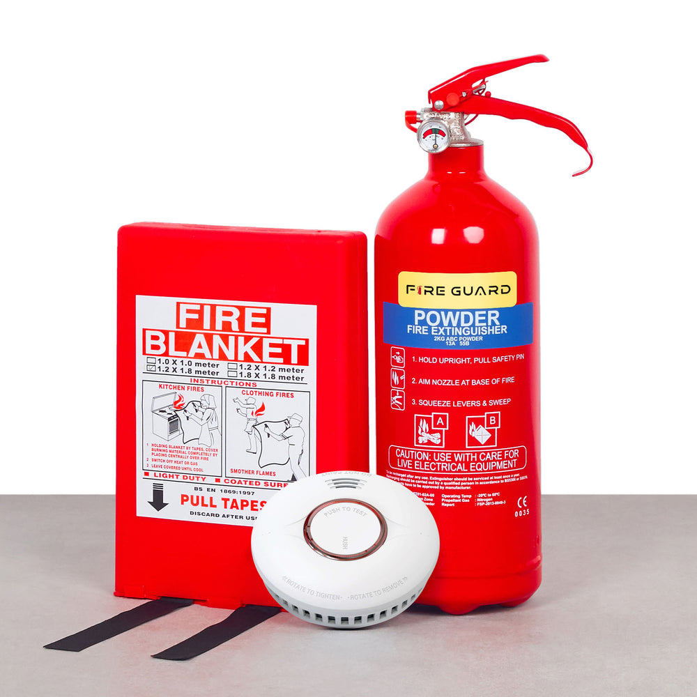 Home Fire Safety Kit Lite (1kg AB Powder + Fire Blanket 1.2m x 1.8m + Home Fire Alarm Device 10 Years)