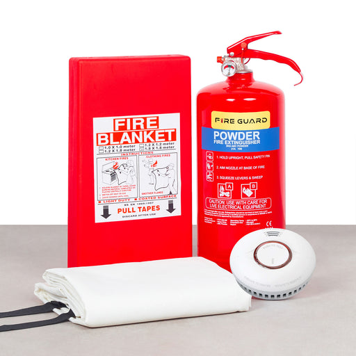 Home Fire Safety Kit (3kg AB Powder + Fire Blanket 1.2m x 1.8m + Home Fire Alarm Device 10 Years)