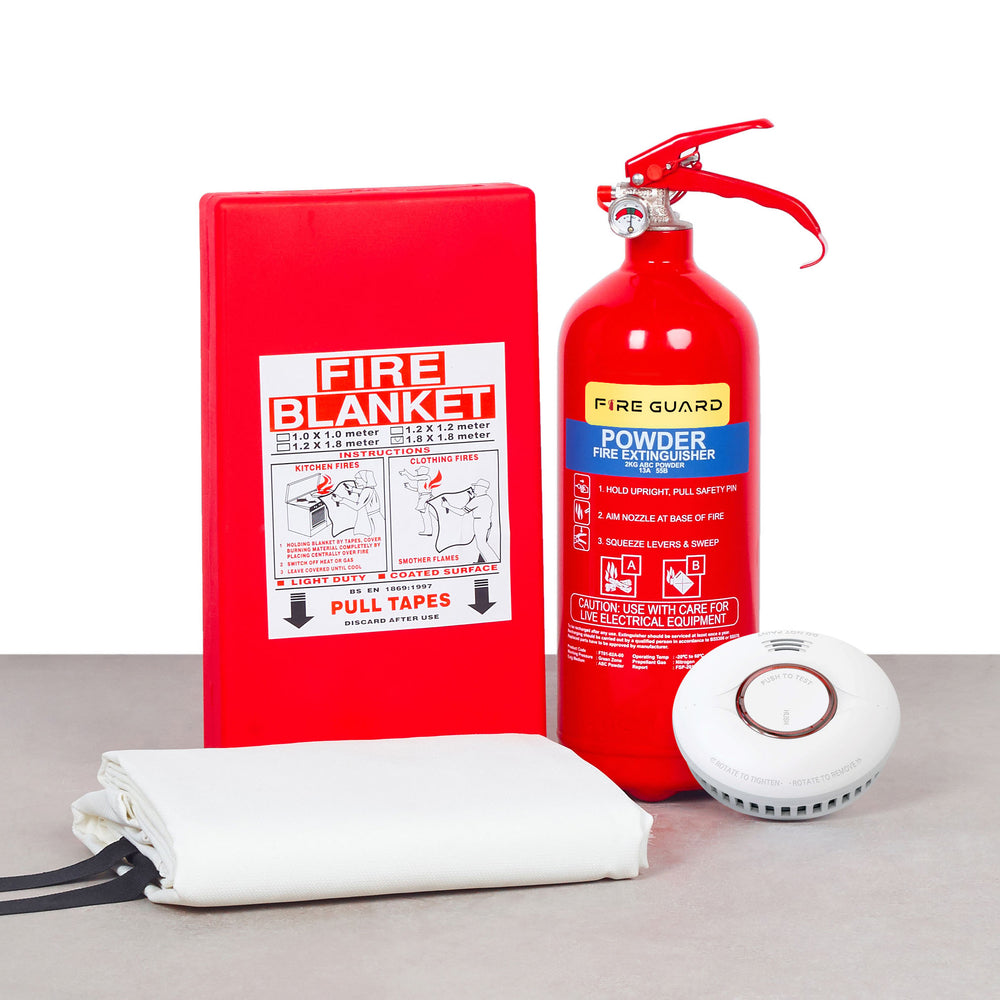 Home Fire Safety Kit Lite (1kg AB Powder + Fire Blanket 1.8m x 1.8m + Home Fire Alarm Device 10 Years)