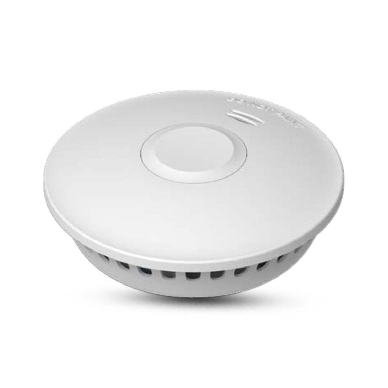 A white round wireless smoke detector with a central button and ventilation holes on the bottom