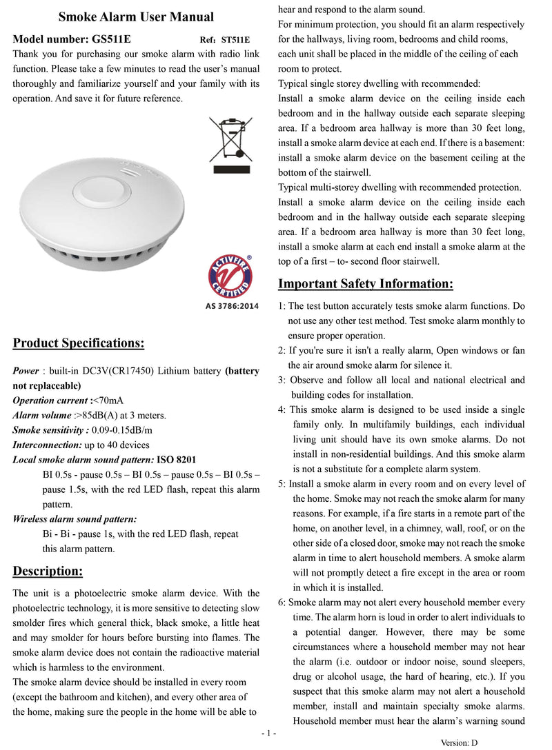 A printed smoke alarm user manual page with text instructions, model number GS511E, product specifications, and safety information