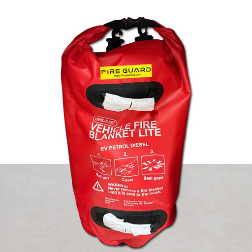 A red vehicle fire blanket ev car and a label displaying details about the product - Fire Guard