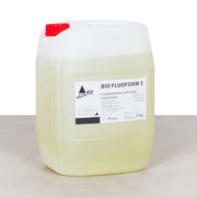 A yellowish liquid in a white container with a red cap, labeled as BIO FLUOFOAM 3 - fire guard