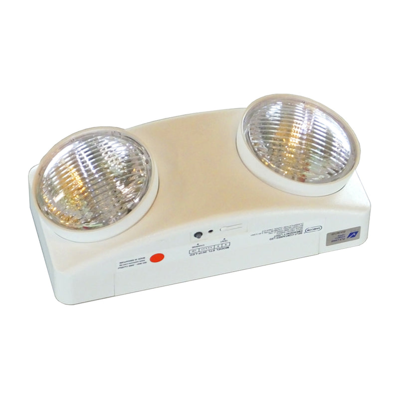 A self-contained white LED emergency twin light with adjustable angle projection lamp, featuring two LED lights on a white rectangular base - fire guard