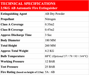 Tech Specs 2.5KG AB Automatic Dry Powder Fire Extinguisher - Fire Guard