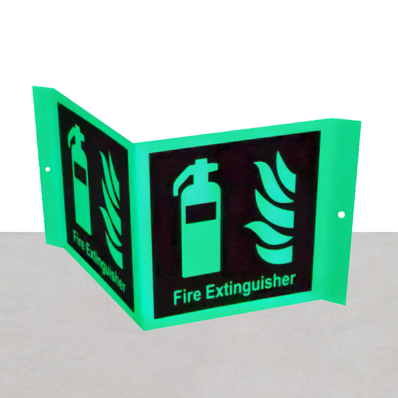 Glow in the dark fire extinguisher signage with a green background, featuring a fire extinguisher and flames symbols, and labeled 'FIRE EXTINGUISHER' at the bottom - fire guard