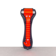 A break glass hammer with a black and orange handle and a red accent, designed for emergency purposes - fire guard