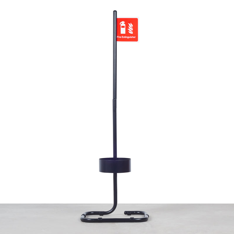 A black fire extinguisher stand with a red sign indicating the fire extinguisher - Fire Guard