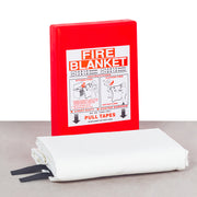 A red vehicle fire blanket with its packaging, showing the blanket rolled up and the cover with instructions and branding - fire guard