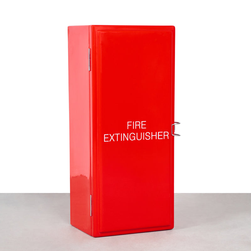 Red fibreglass cabinet designed to house a fire extinguisher, with a stainless steel latch and the label 'FIRE EXTINGUISHER' on the front.