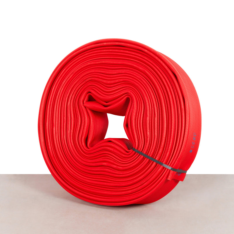A rolled up red fire hose with a 52mm diameter, made of high tenacity polyester yarn, with synthetic rubber  - fire guard