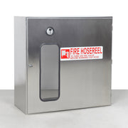 Stainless steel fire hose reel cabinet with a label indicating 'FIRE HOSEREEL'