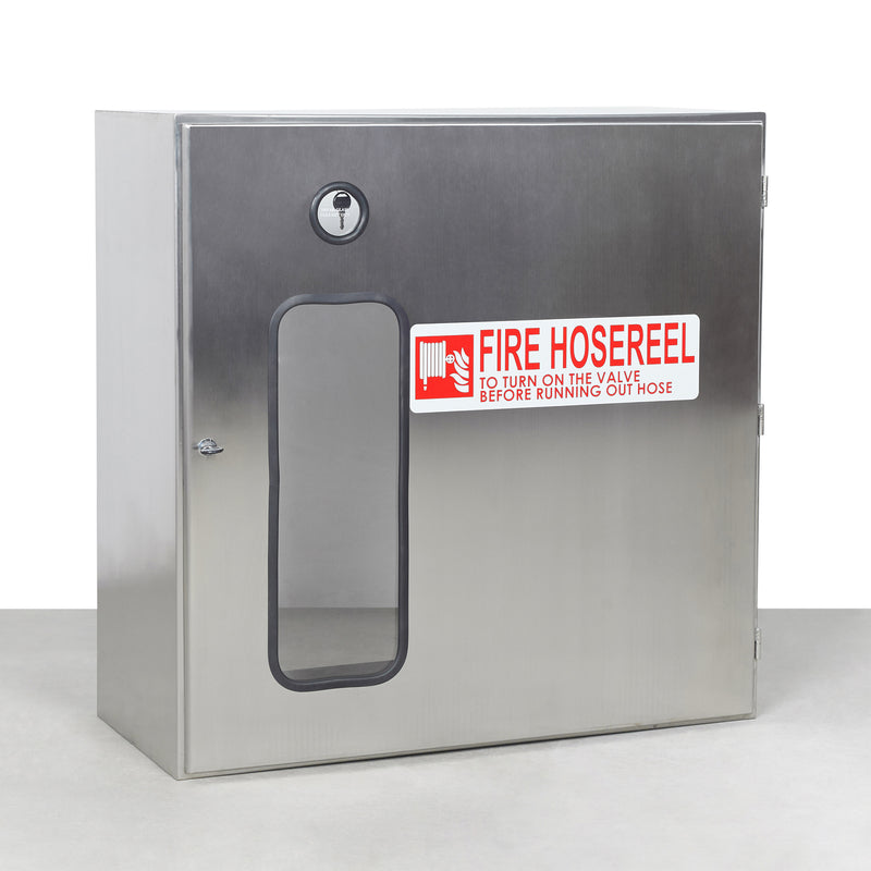 Stainless steel fire hose reel cabinet with a label indicating 'FIRE HOSEREEL'