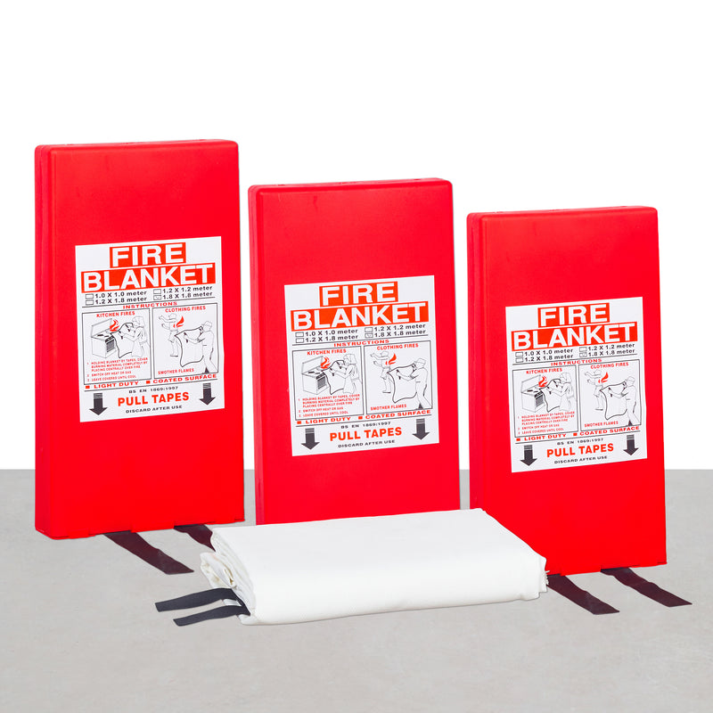 Three red fire blankets with labels and a rolled-up blanket with a label showing a fire extinguisher.