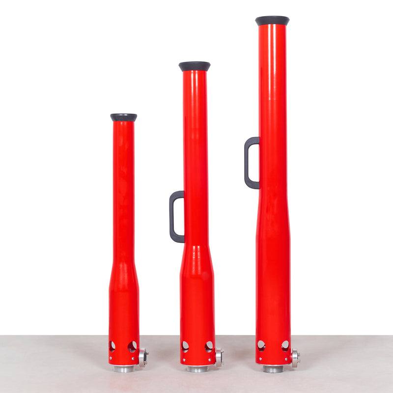 Three red foam applicators in different sizes with black tops and handles, arranged from smallest to largest - fire guard